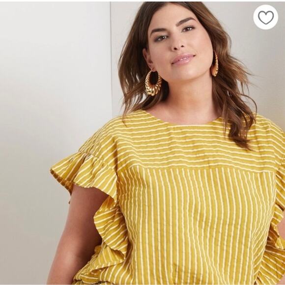 ELOQUII-Plus Size Mustard Yellow Striped Bow Back Ruffle Blouse - Picture 6 of 7